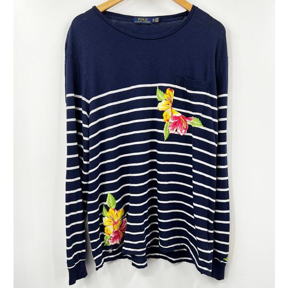 Polo Ralph Lauren Navy Blue Striped Floral Print Long Sleeve Crewneck Sweater XL - Picture 1 of 10